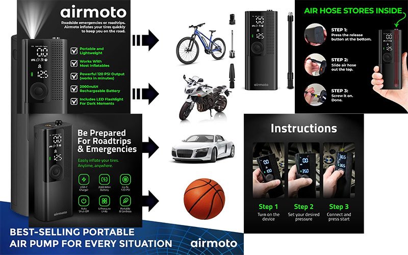 Varias imágenes con las caracteristicas del inflador Airmoto